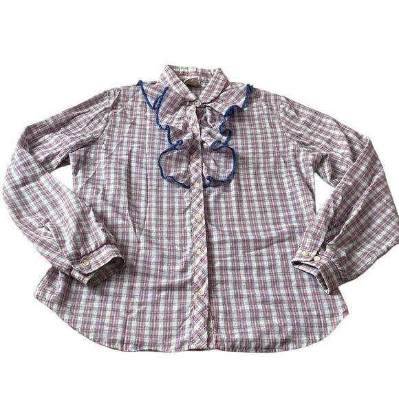 Vintage 1970s Wrangler Ruffle Blouse Blue Red White Button Up Shirt Juniors 15 - Picture 6 of 12